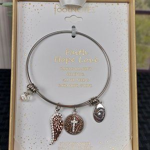NIB FOOTNOTES FAITH HOPE LOVE STAINLESS STEEL EXPANDABLE BANGLE BRACELET